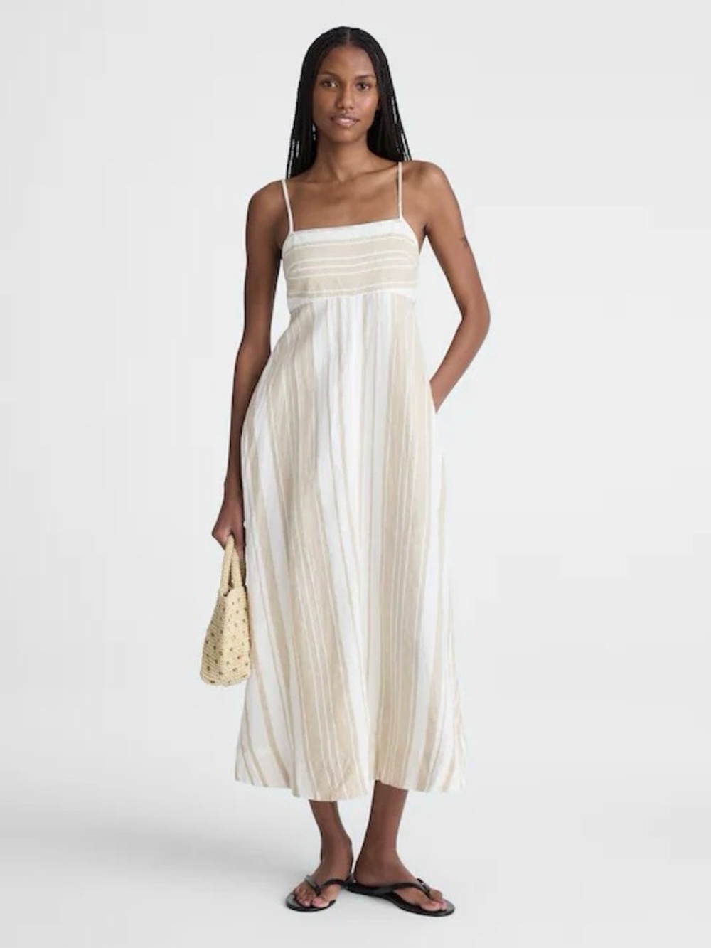 MADEWELL Empire Waist Linen Midi Dress XL Khaki Stripe Beige Neutral Boho Fall